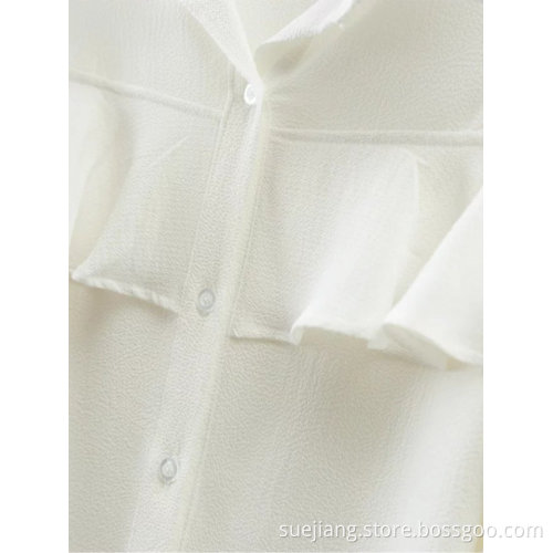 Shoulder-Exposed Long Sleeve Crepe Chiffon Shirt
